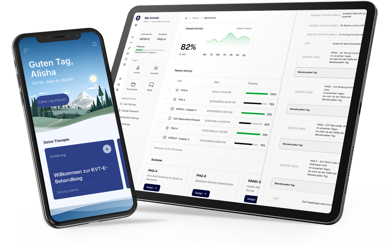SwissDTx Care Dashboard auf einem Laptop neben der SwissDTx Patient App auf einem Smartphone – so bleiben Therapeut:innen und Nutzer:innen durch integrierte digitale und persönliche Versorgung verbunden.
