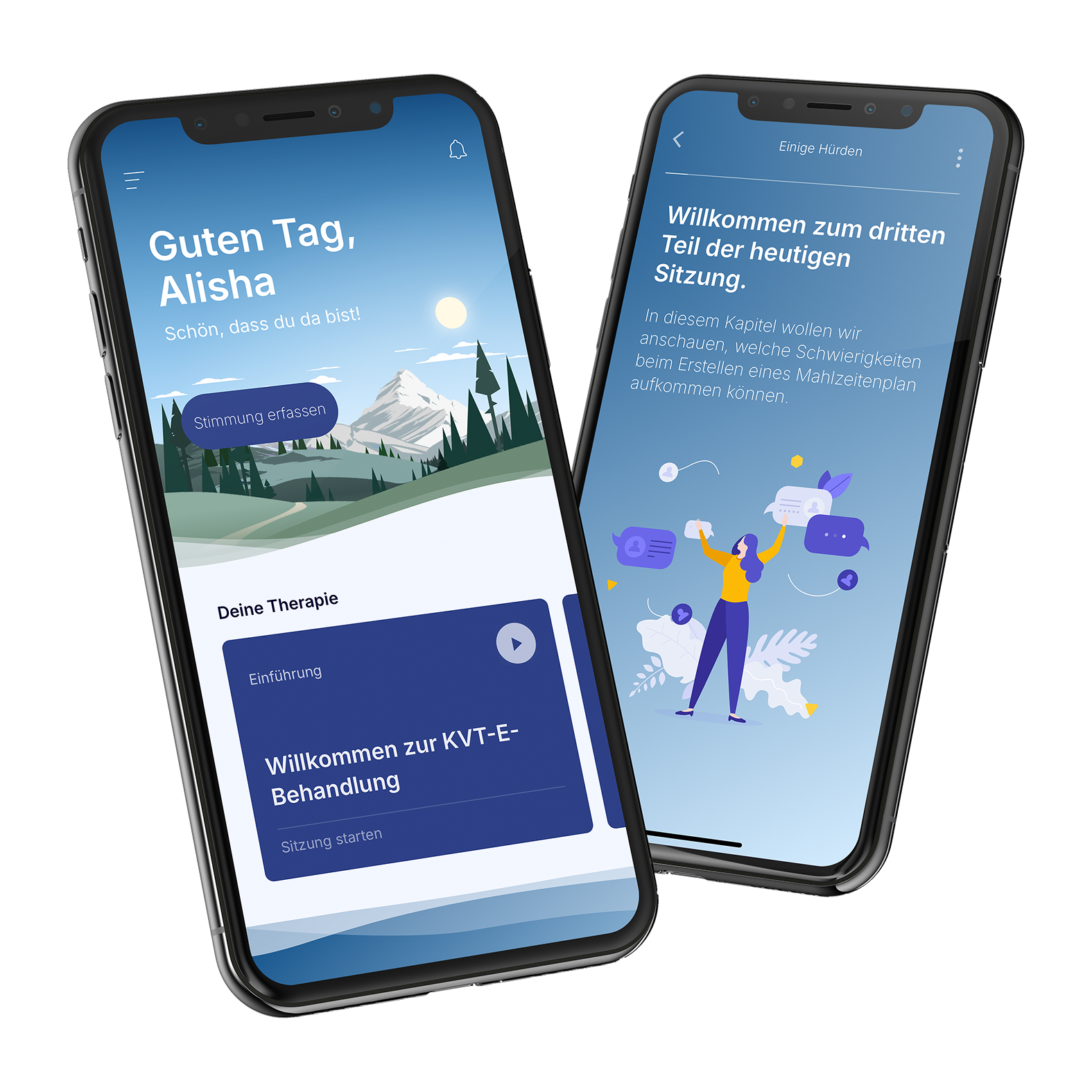 Dos dispositivos móviles que muestran la SwissDTx Patient App.