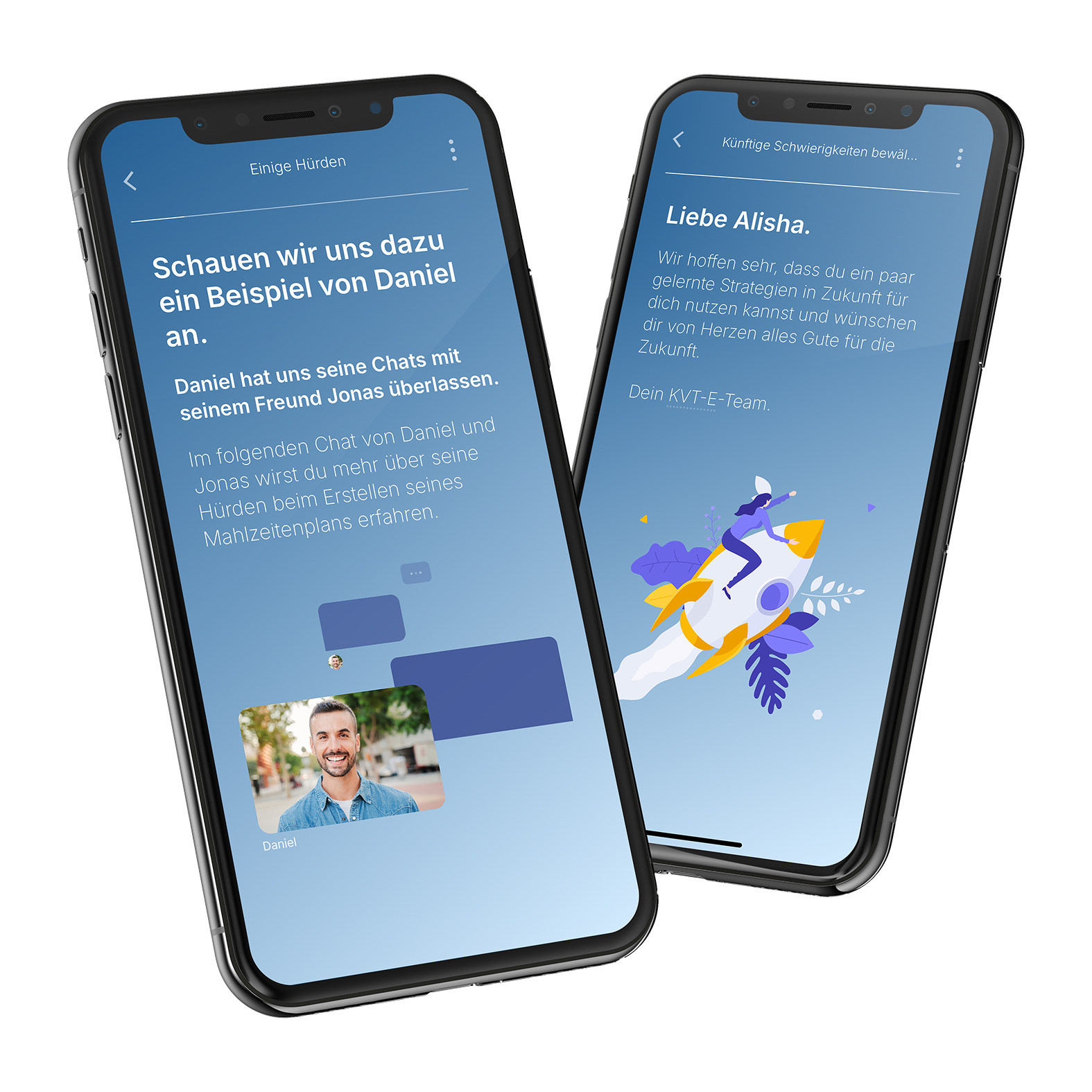 Dos dispositivos móviles que muestran la SwissDTx Patient App.