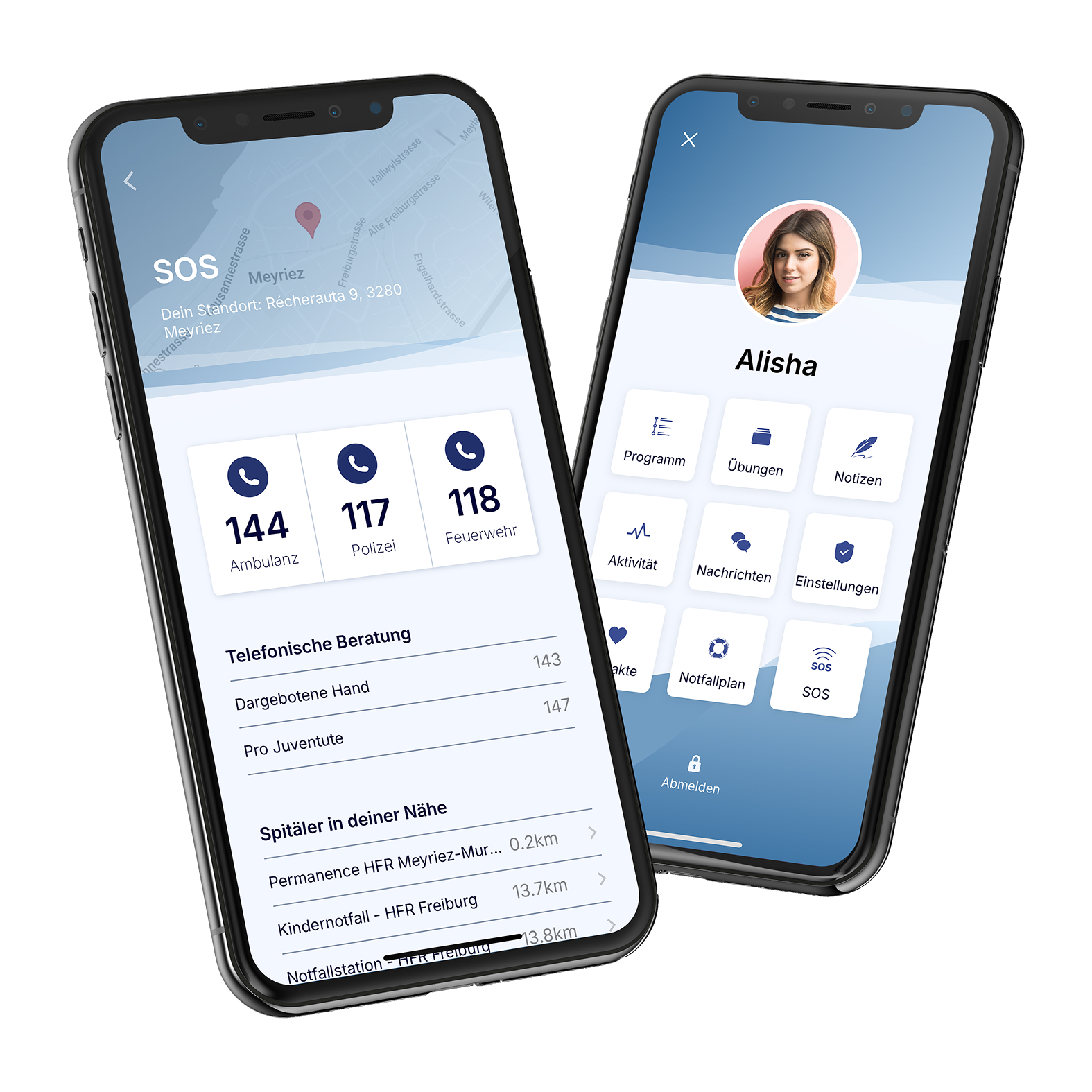 Dos dispositivos móviles que muestran la SwissDTx Patient App.